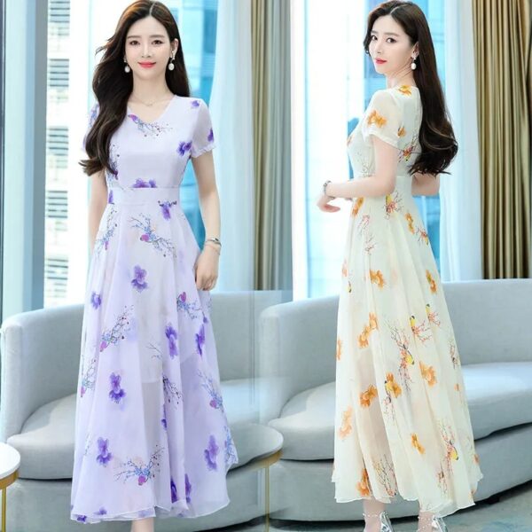 Short Sleeve V-neck Mid-length Dress Women's Waist Slimming Temperament Floral Skirt A-line Skirt Fashion - Image 2