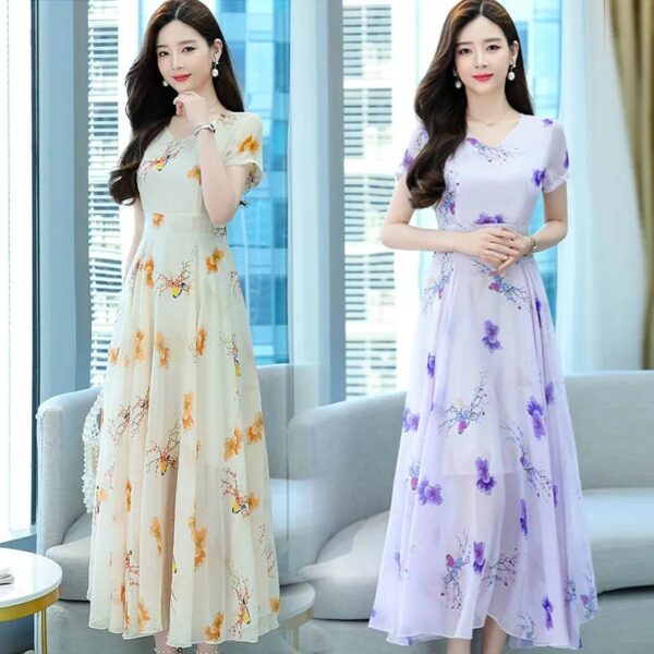 Short Sleeve V-neck Mid-length Dress Women's Waist Slimming Temperament Floral Skirt A-line Skirt Fashion - Image 3