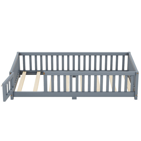 Twin Size Bed Floor Bed With Safety Guardrails And Door For Kids, Gray - Image 6