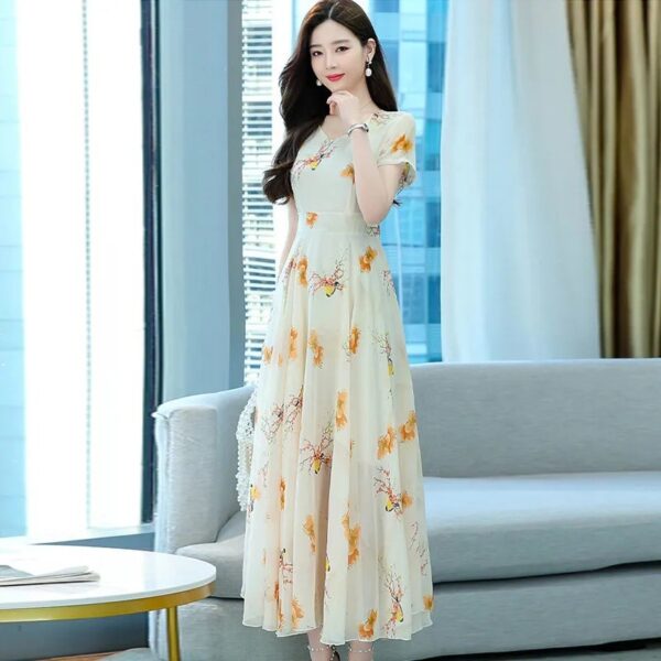 Short Sleeve V-neck Mid-length Dress Women's Waist Slimming Temperament Floral Skirt A-line Skirt Fashion - Image 4