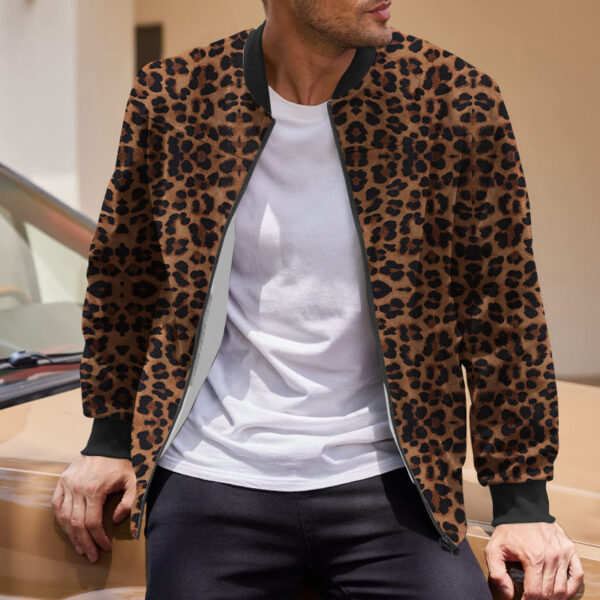 Autumn Vintage Leopard Print Pattern Men's Zipper Jacket Fleece-lined Long Sleeve Coat - Image 5