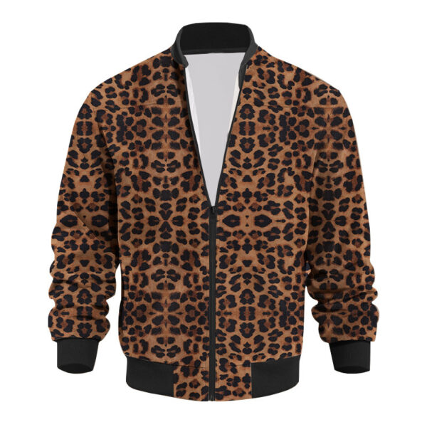 Autumn Vintage Leopard Print Pattern Men's Zipper Jacket Fleece-lined Long Sleeve Coat - Image 3