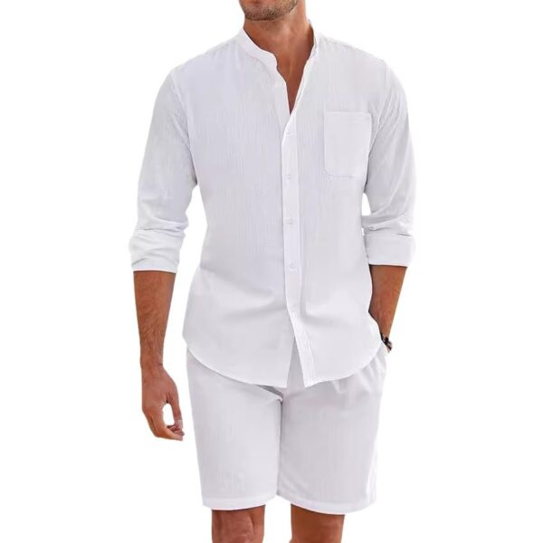 Men's Summer Two-piece Polyester Button Shirt Long Sleeve Shorts - Image 10