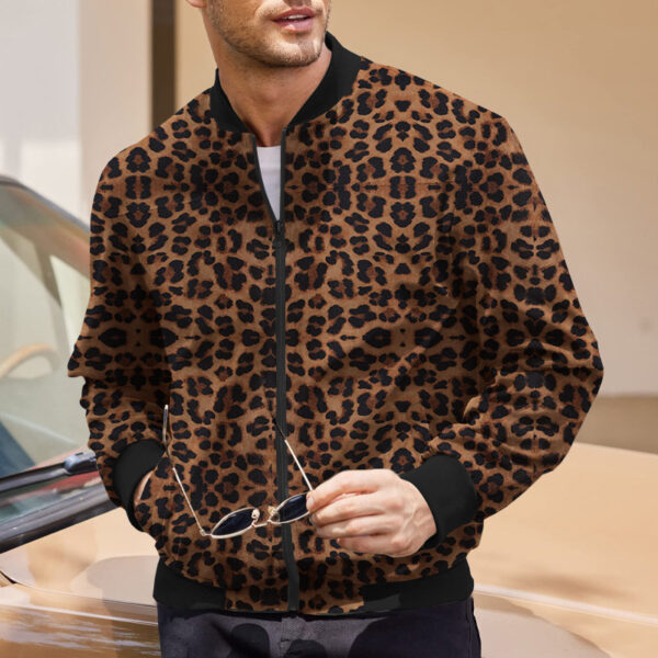 Autumn Vintage Leopard Print Pattern Men's Zipper Jacket Fleece-lined Long Sleeve Coat - Image 6