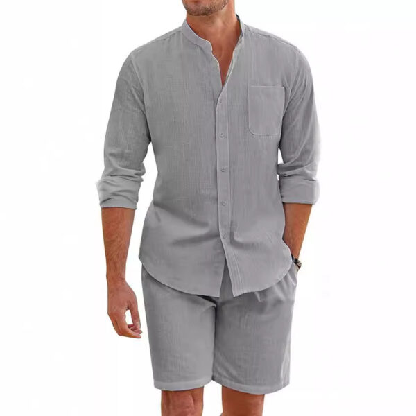 Men's Summer Two-piece Polyester Button Shirt Long Sleeve Shorts - Image 9