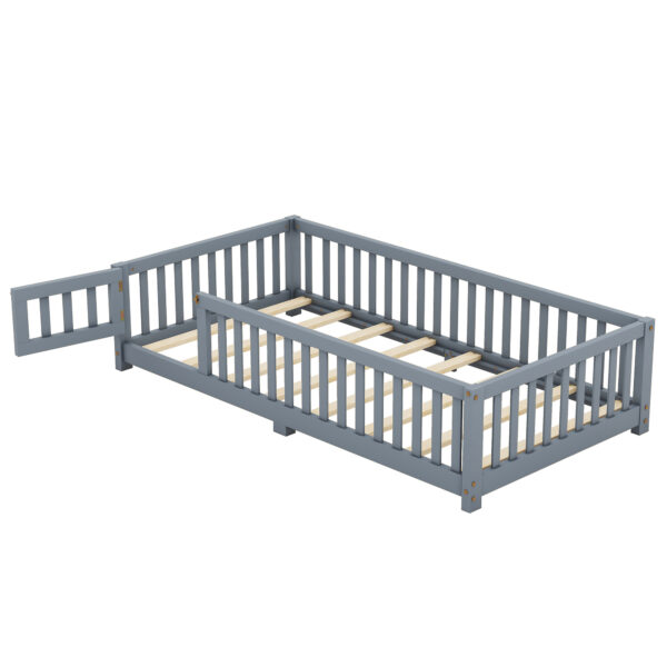 Twin Size Bed Floor Bed With Safety Guardrails And Door For Kids, Gray - Image 10