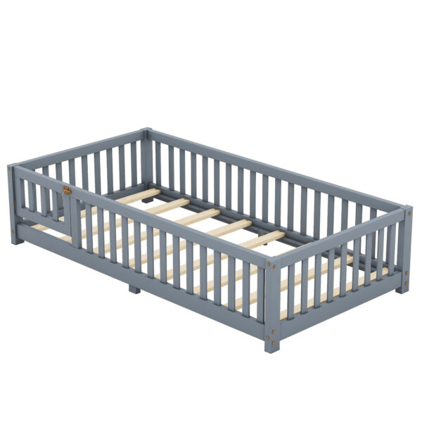 Twin Size Bed Floor Bed With Safety Guardrails And Door For Kids, Gray - Image 4