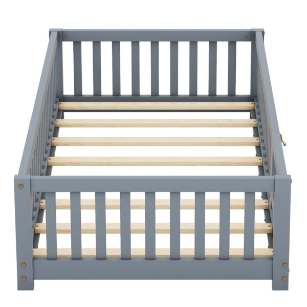 Twin Size Bed Floor Bed With Safety Guardrails And Door For Kids, Gray - Image 5